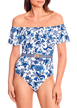 LAUREN RALPH LAUREN  Toile Floral Ruffle Off-The-Shoulder One Piece, online & select stores.