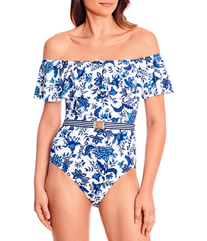Toile Floral Ruffle Off-The-Shoulder One Piece Swimsuit