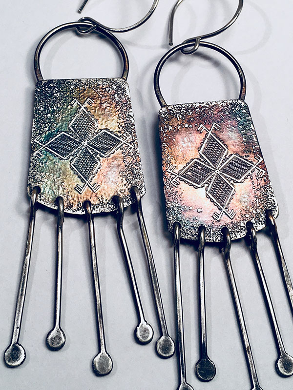 B191877: Boho/Tribal Etched and Dangling Sterling Earrings, Kim O’Neill