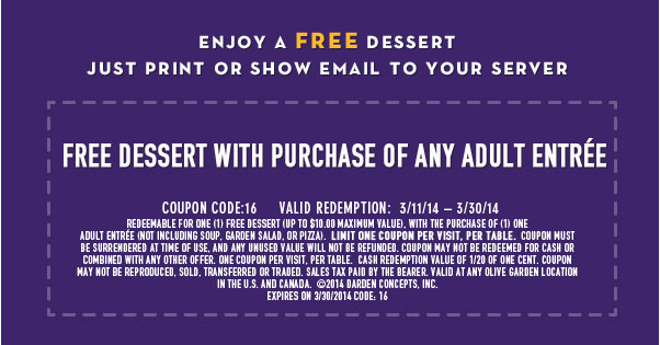 Enjoy a FREE Dessert with purchase of Adult Entrée - Print or Show email to your server