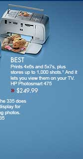 best Prints 4x6s and 5x7s, plus stores up to 1,000 shots.1 And it lets you view them on your TV.  HP Photosmart 425 >> $249.99 