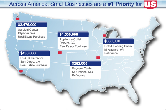 Across America, Small Businesses are a #1 Priority for US. -- $2,475,000 Surgical Center - Olympia, WA Real Estate Purchase -- $669,000 Retail Flooring Sales - Milwaukee, WI - Refinance -- $436,000 HVAC Contractor - San Diego, CA - Real Estate Purchase -- $252,000 Daycare Center - St. Charles, MO - Refinance -- $533,500 Urgent Care Facility - Edgewater, MD - Const, Equip, Inv