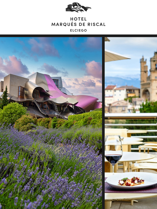 A split image featuring the Marqués de Riscal Hotel in Elciego with a striking modern design and pink accents, surrounded by vibrant lavender fields. On the right, a dining table with a glass of red wine and a plate of gourmet food overlooks scenic views. The property logo is displayed at the top.