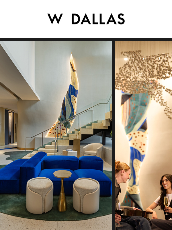 Interior view of W Dallas featuring a modern design. On the left, a staircase adorned with colorful artwork, and on the right, seating area with a blue sofa and two circular tables, with two women conversing. The W Dallas logo is displayed at the top.