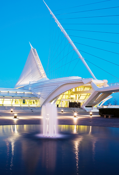 Nighttime view of a bridge in Milwaukee.