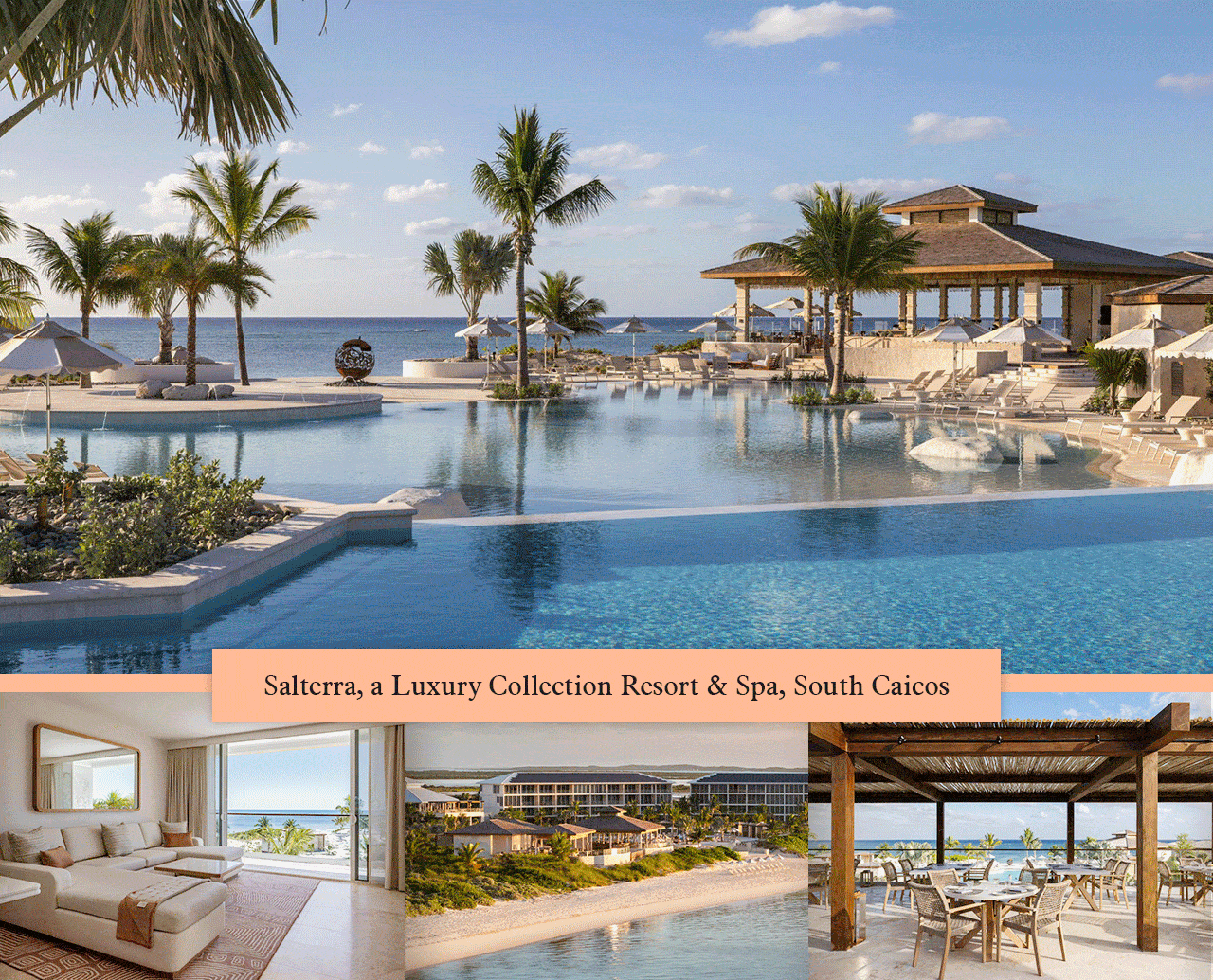 Animated carousel gif showing Salterra, a Luxury Collection Resort and Spa, South Caicos; Clevia, San Miguel de Allende, Autograph Collection; and Marriott Corrientes.