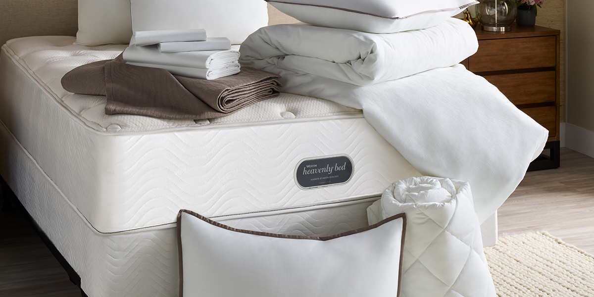 Collage of Westin Heavenly Bedding. One image of a made bed and a 2nd image of pillows and sheets folded on top of the Westin Heavenly Mattress