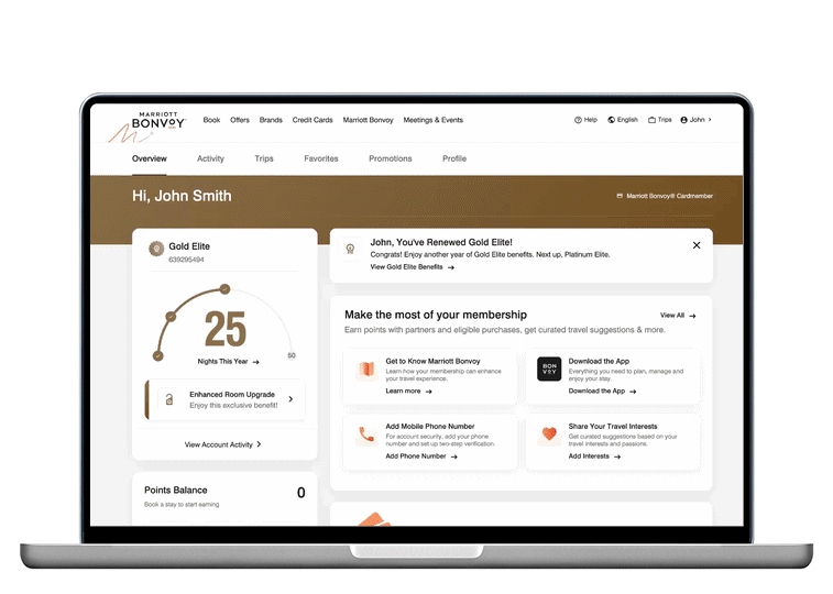 Animation showing the new look of the Marriott Bonvoy account page.