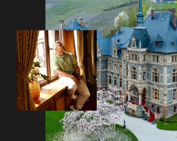 Man sitting on windowsill of a grandiose ballroom inset into image of castlelike hotel.