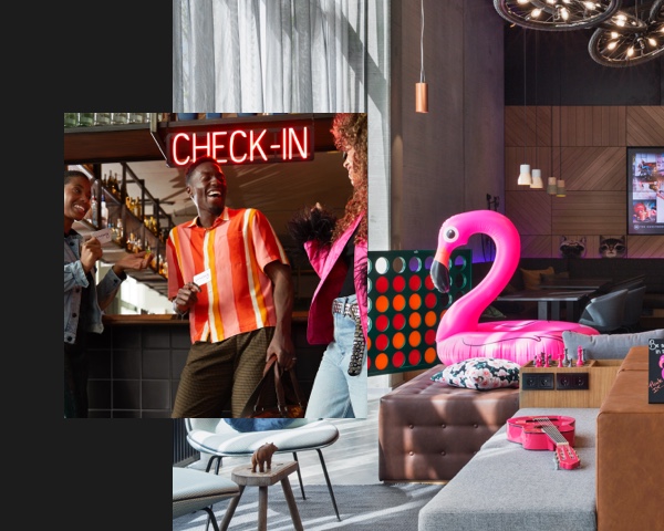Man with friends under neon Check-In sign inset into image of whimsical hotel lobby to highlight an extraordinary brand.