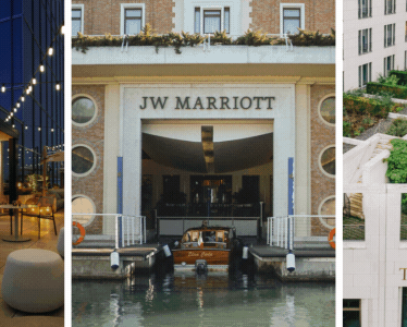 Exterior of modern hotel rooftop with prominent Marriott hotel logo.