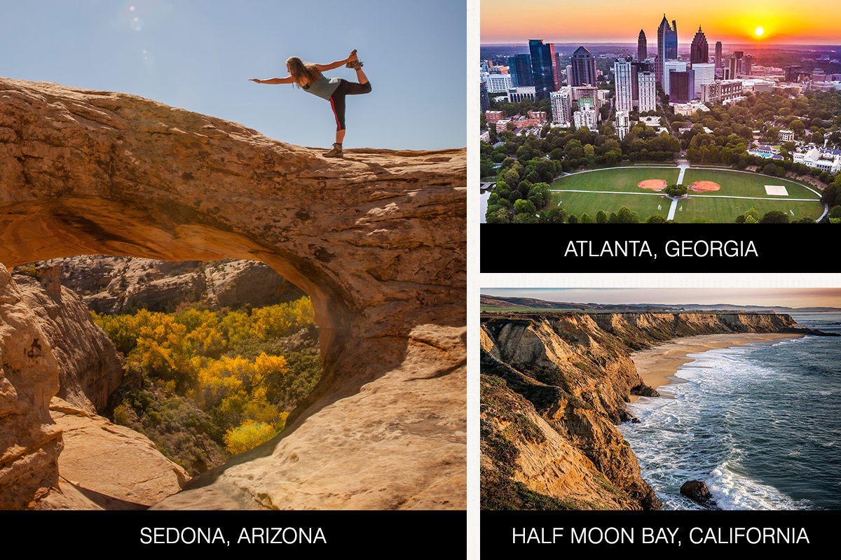 Montage of travel images from Sedona, Arizona, Atlanta, Georgia and Half Moon Bay, California
