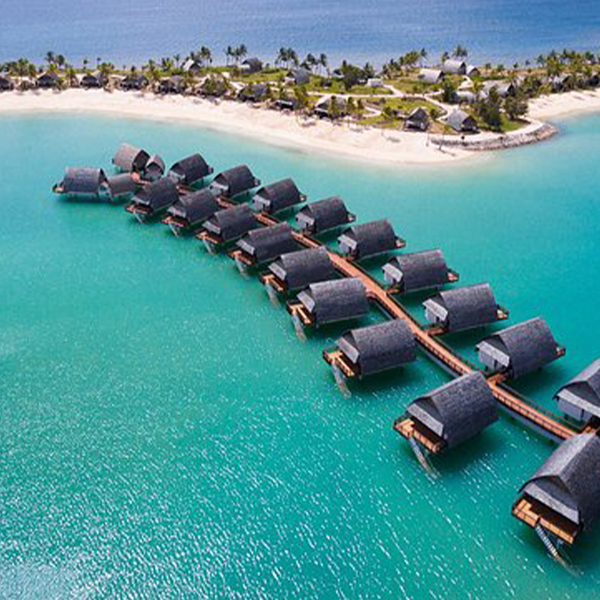 Arial view of ocean-side bungalows at the Fiji Marriott Resort Momi Bay