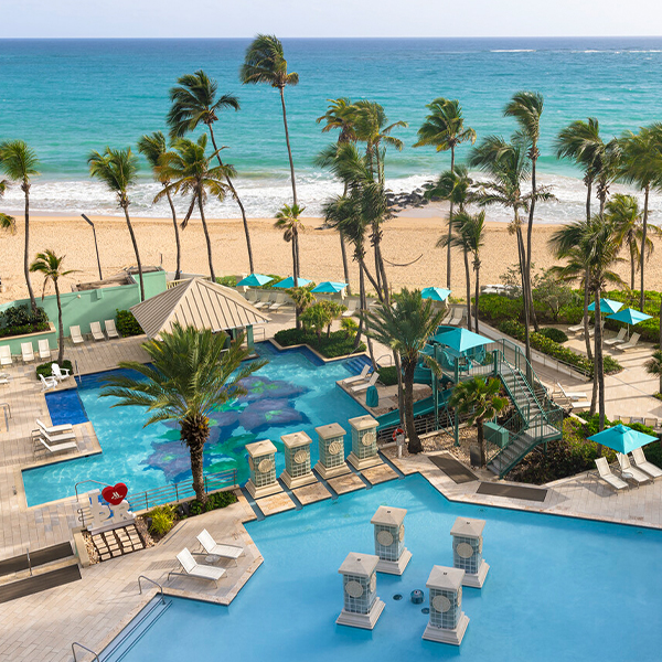 Arial beach view of the Aruba Marriott Resort & Stellaris Casino; Palm Beach, Aruba
