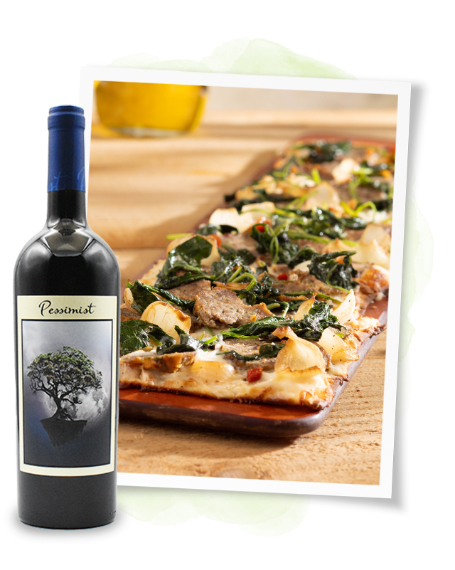 Housemade Meatball and Baby Kale Flatbread and Pessimist DAOU Red Blend