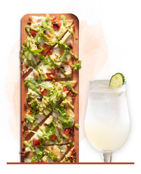 Botanical Smash and Pesto Chicken & Fresh Mozzerlla Flatbread