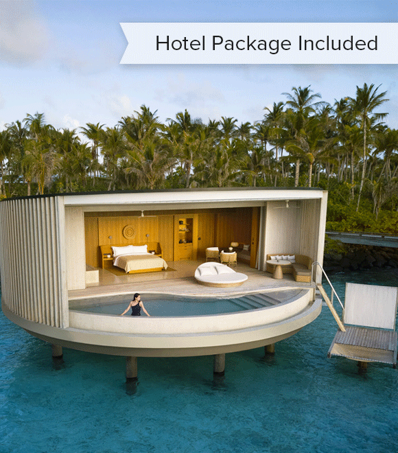 Luxurious overwater villa in a tropical setting with a pool and direct ocean access. Palm trees surround the serene scene. A banner reads 'Hotel Package Included.'