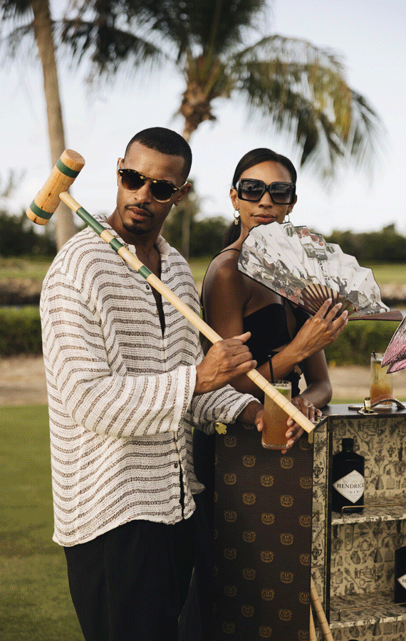 Animated GIF of a man and woman at a cookout along with images of food and beverages served at the event.