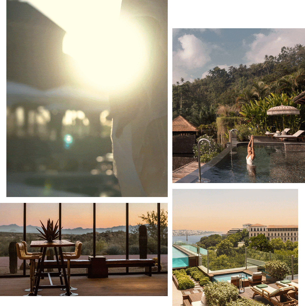 Collage of images and videos of people at hotel retreats.