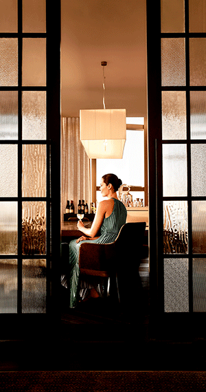 Woman sitting at a bar in formal attire.