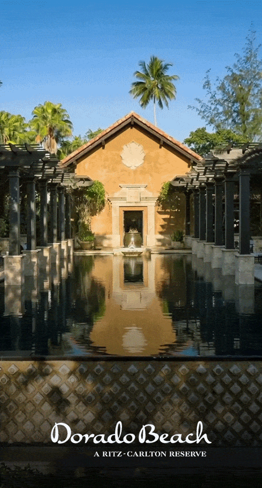 Animated GIF of a hotel exterior followed by a woman overlooking a spa.