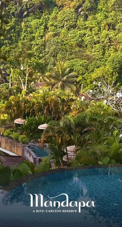 Animated GIF of a rooftop reflecting pool, lush greenery, and a peaceful dinner setup.