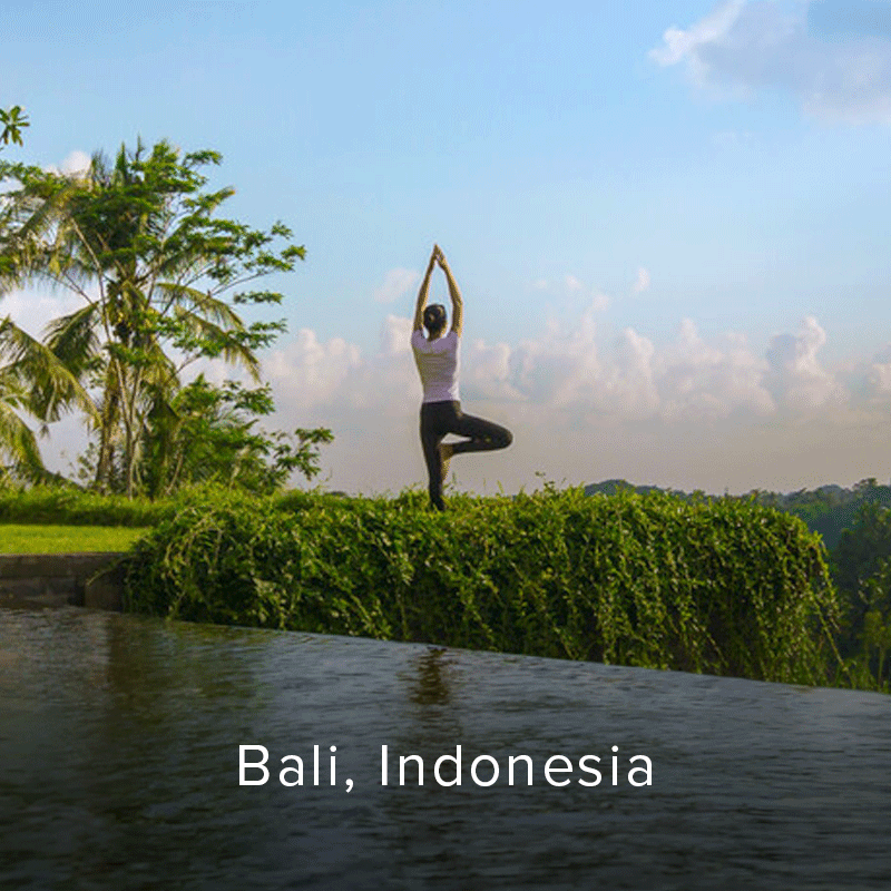 Person practicing yoga tree pose beside an infinity pool, framed by tropical palms and lush greenery.