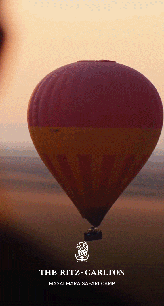 Animated GIF of a woman using binoculars at a safari excursion with views of elephants, cheetahs, and a hot air balloon.
