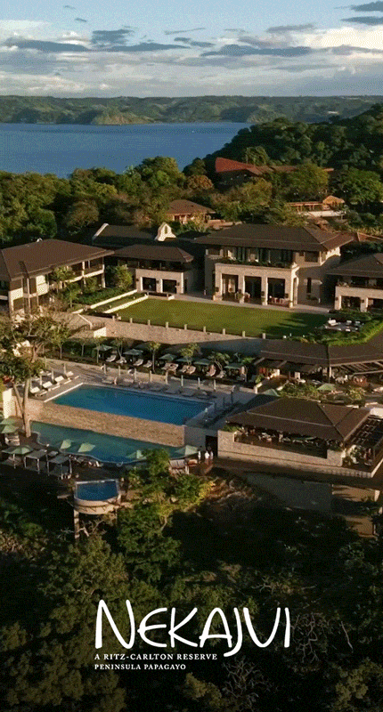 Animated GIF of a man entering a pool, and multiple aerial views of a hotel within lush greenery and blue ocean water.
