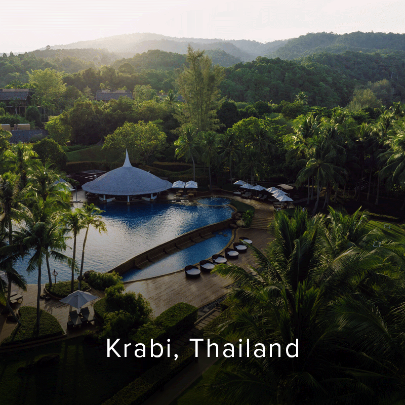 Aerial view of a hotel pool in Thailand.