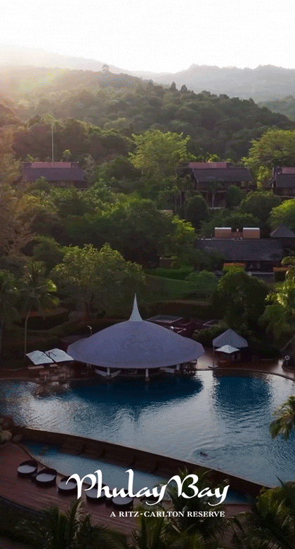 Animated GIF of a woman walking thorugh a hotel spa, a red moon at sunset, followed by an aerial view of a pool.