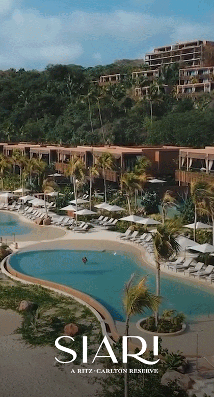 Animated gif of a mother and child in a pool at sunset, followed by an aerial view of the hotel pool.