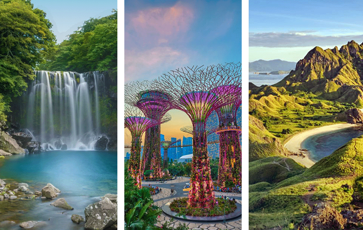 Drei Bilder nebeneinander: Ein üppiger Wasserfall, der farbenfrohe Supertree Grove in Singapur und ein sonnenbeschienenes Küstental mit türkisfarbenem Wasser.