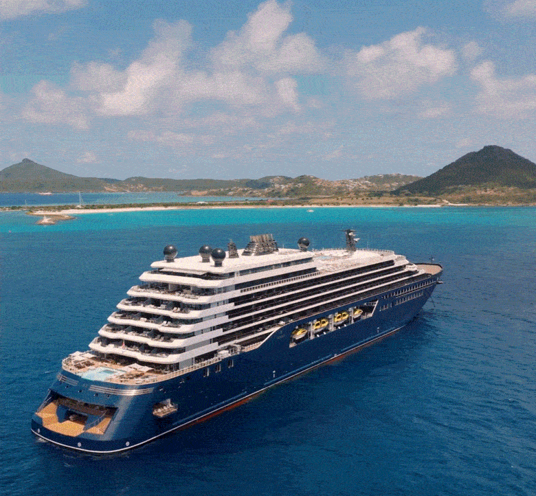 Animiertes GIF mit türkisfarbenen Stränden, Wasserfällen und Eindrücken aus der Karibik und Französisch-Polynesien an Bord einer Yacht.