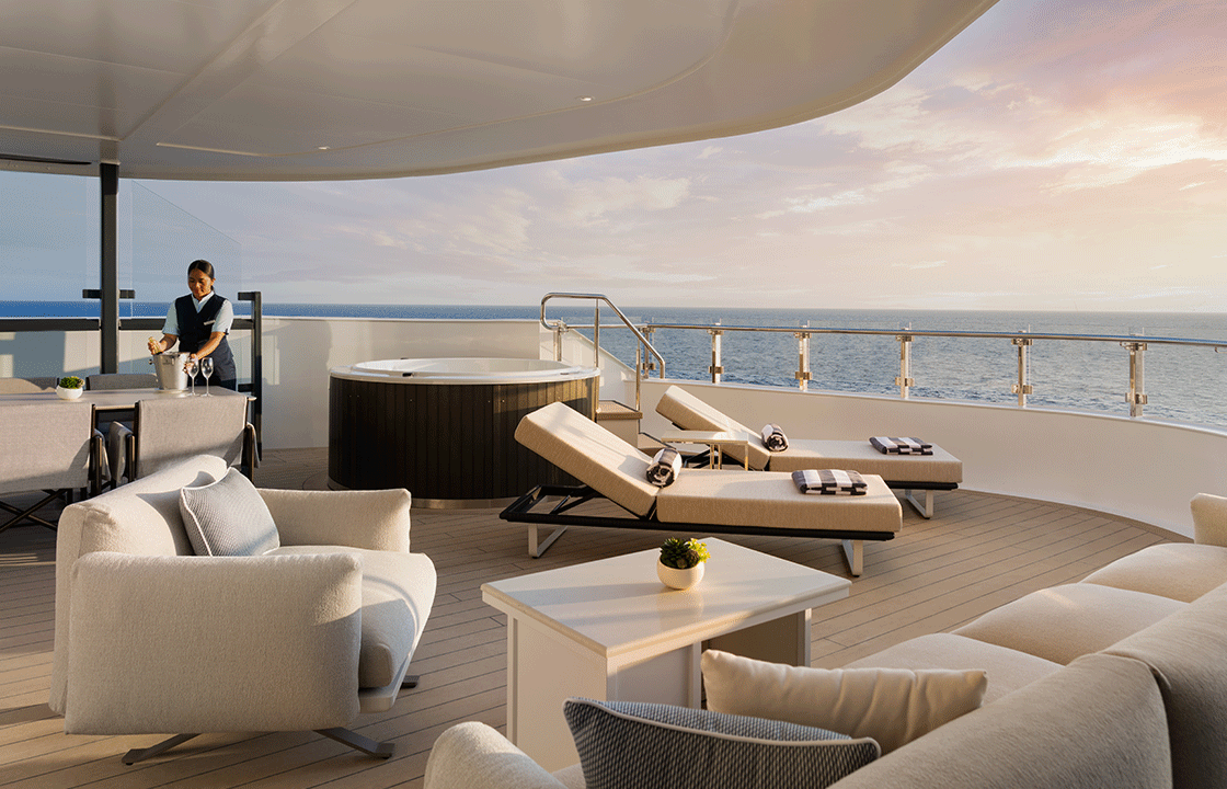 Luxury yacht deck at sunset with ocean views, hot tub, loungers, modern seating, and a crew member creating a serene, upscale atmosphere.