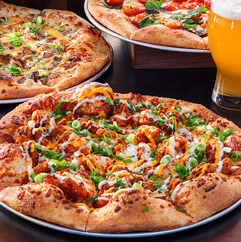 Buffalo Chicken Pizza and Truffled Mushroom Pizza