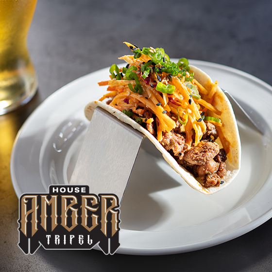 Grilled Korean Beef Taco and House Amber Tripel