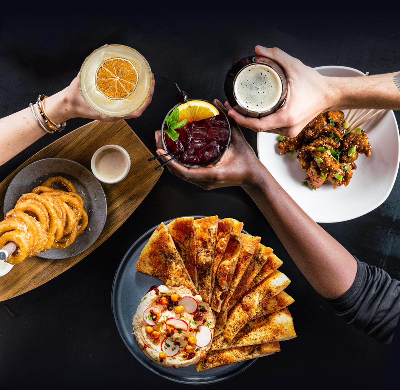 Spicy Za'atar Hummus, Onion Ring Tower and Boneless Crispy Wings